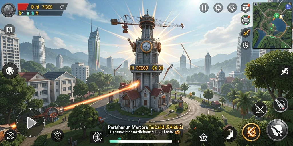 Tampilan gameplay menegangkan dalam OCE69 saat mempertahankan menara.