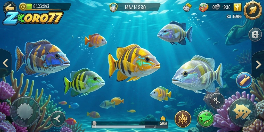 Tampilan gameplay ZORO77 dengan aksi tembak ikan yang mendebarkan.